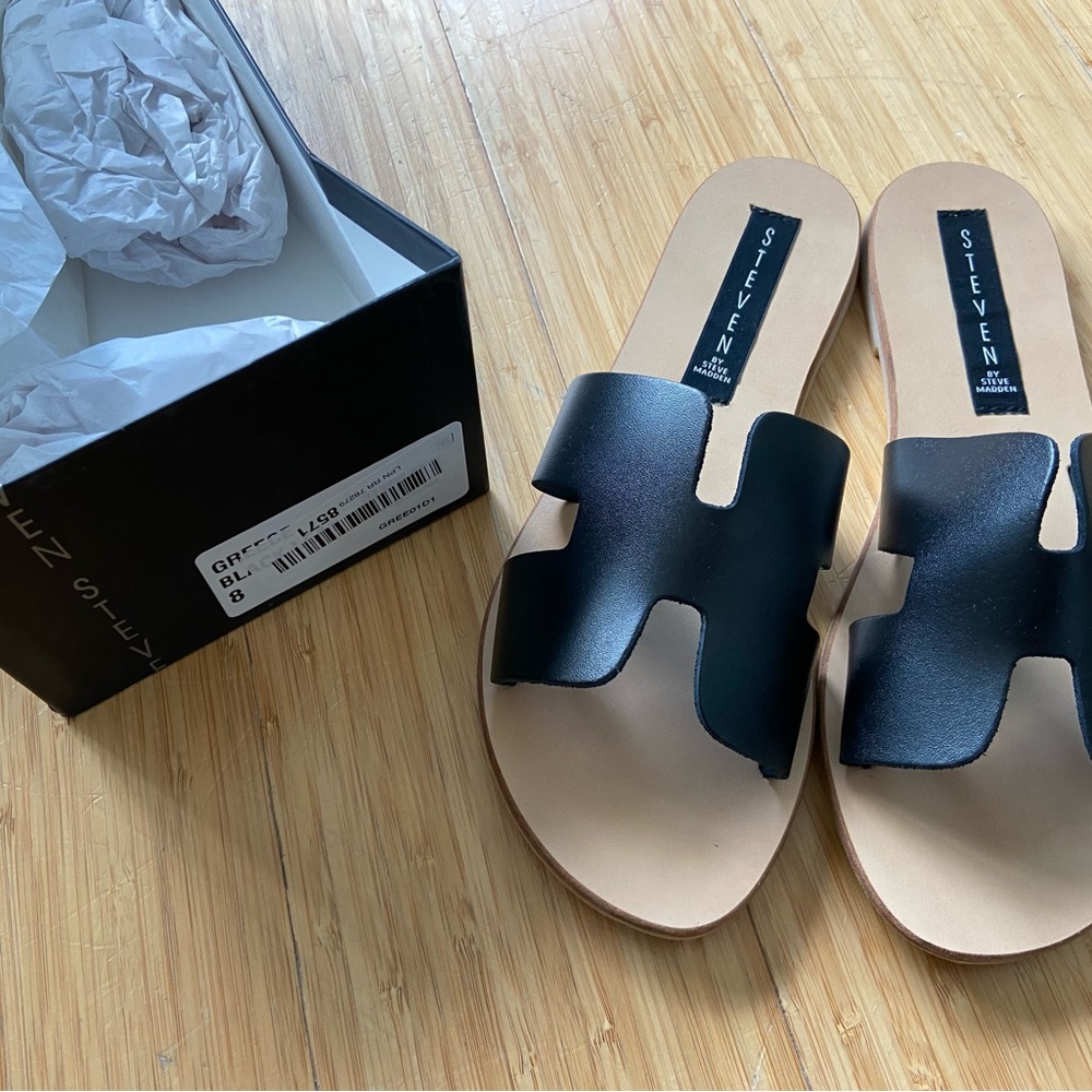 STEVE MADDEN Womens Greece Slip On Leather Slide Sandals